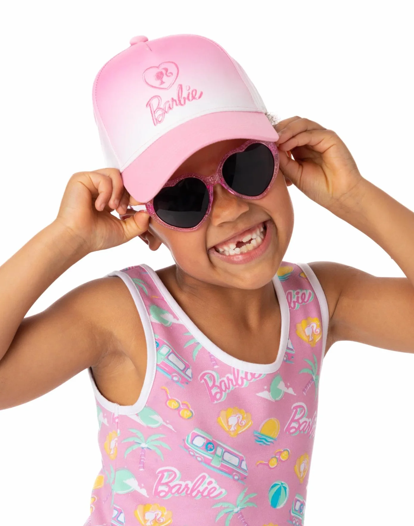 Barbie Dziewczęca czapka i okulary przeciwsłoneczne gratis | dziecięca lalka logo różowa ombre regulowana czapka bejsbolówka lato urlop akcesoria | modna lalka merchandise prezent, Rosa, Rozmiar