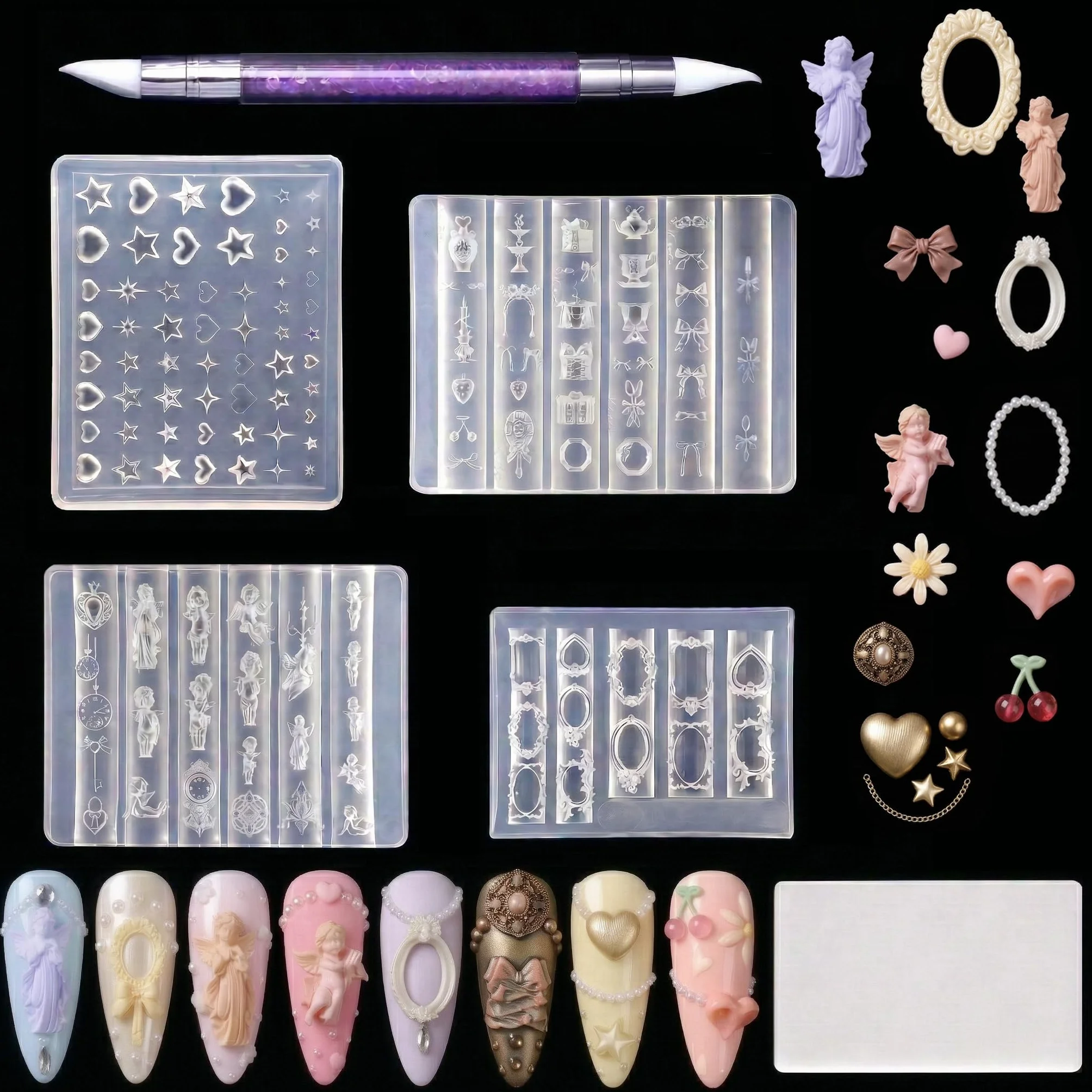 Nails Mold, 4 szt. Stempel do paznokci Zestaw z żelem 3D Nail Art Silikonowy kształt Motywy Y2K, szablony do stempli do paznokci