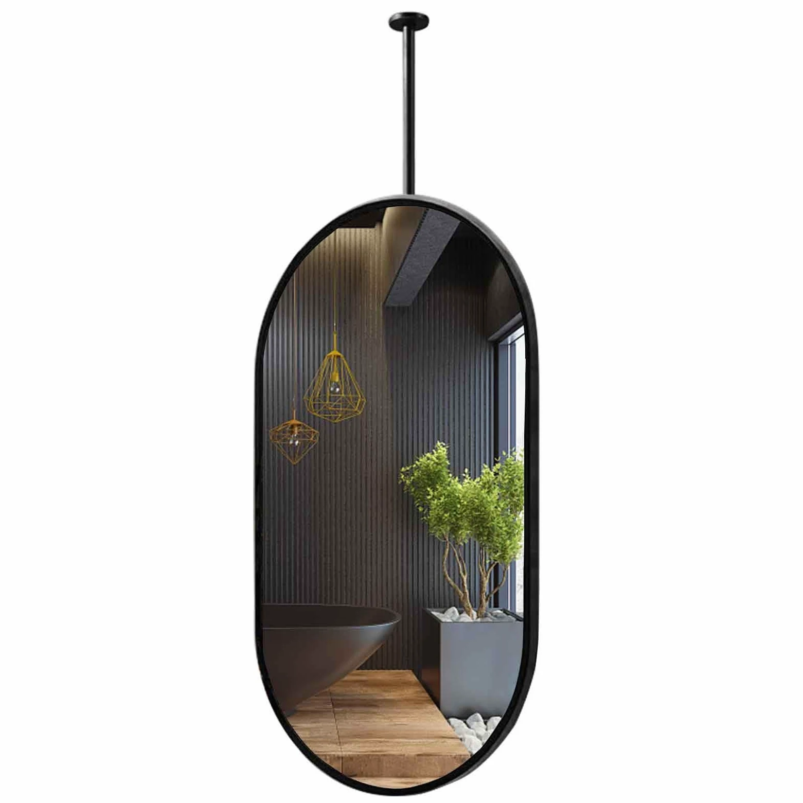 Lustra do montażu sufitowego do łazienek, owalne, metalowe lustro HD do toaletki i makijażu, konfigurowalny pręt sufitowy (50 cm x 80 cm)