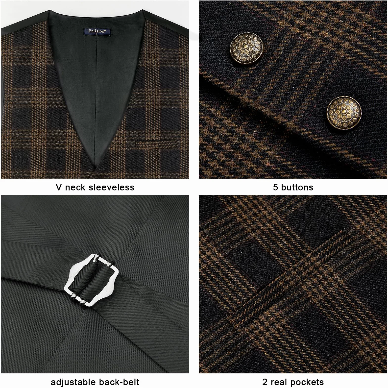 Enlision Męska kamizelka vintage formalna na co dzień gładka kratka płaszcz dla mężczyzn regularny krój tweed ślub biznesowy męski garnitur kamizelka z kieszenią XS-4XL
