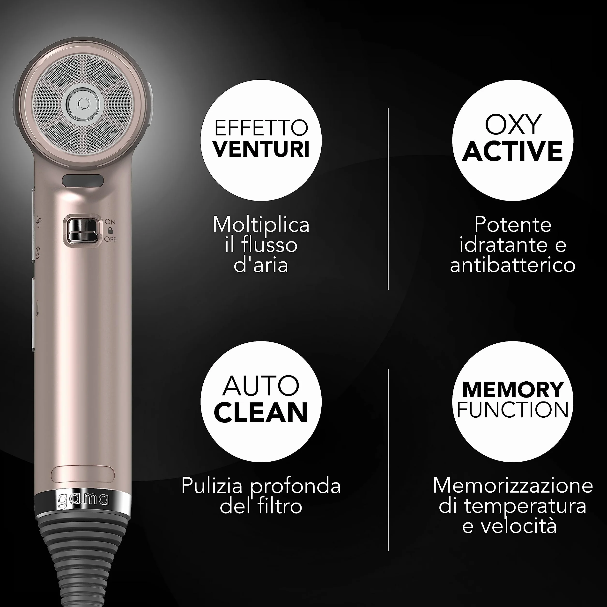 GA.MA Italy Suszarka iQ1 Perfetto 1600 W Bezszczotkowy Silnik 110.000 obr/min Oxy-Active Złoty Róż