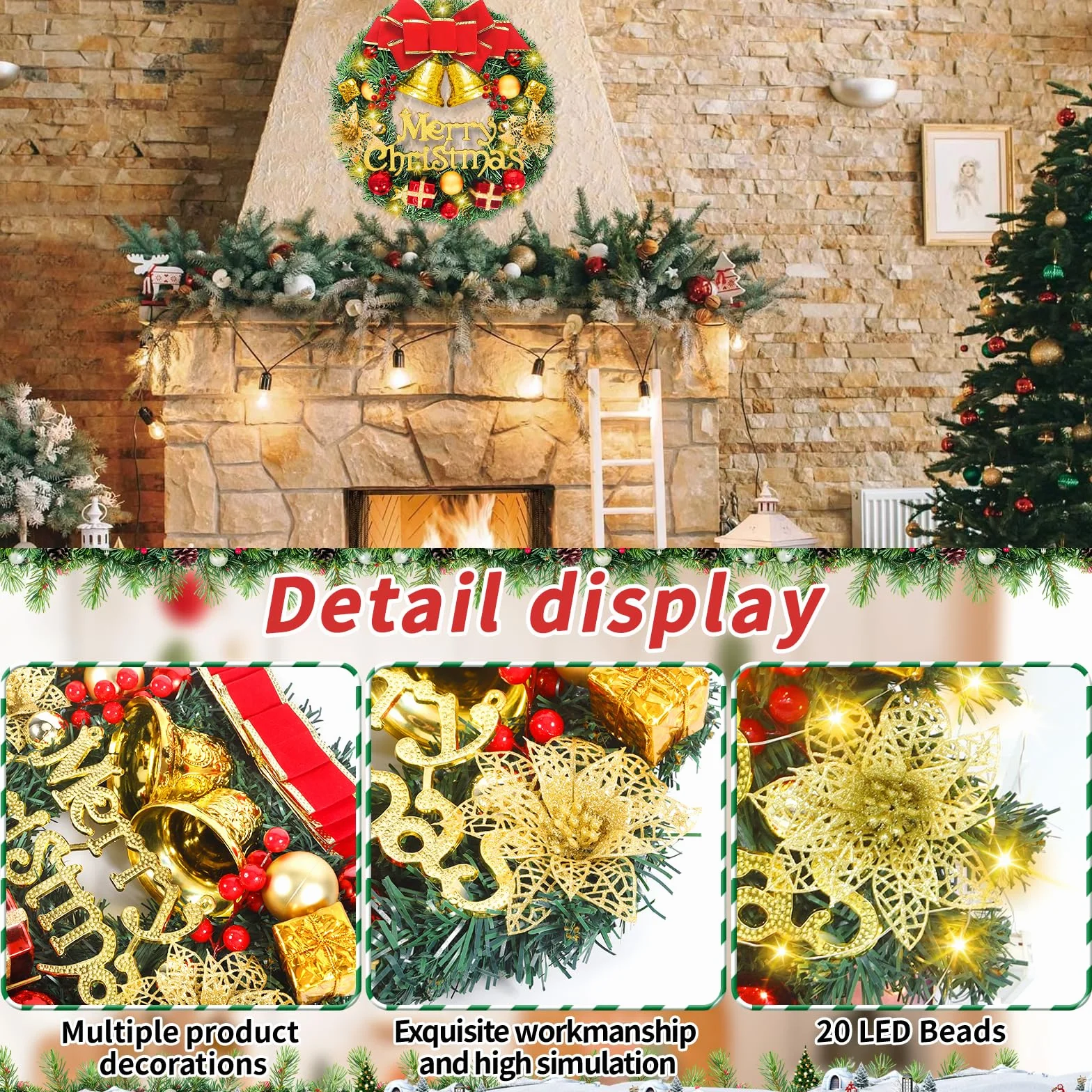 Wieniec bożonarodzeniowy (30 cm),dekoracyjna girlanda bożonarodzeniowa,z diodami LED,kokardką,bombka bożonarodzeniowa,kwiat śniegu,jagoda,kokardka,do drzwi wejściowych,kominka i dekoracji ściennych
