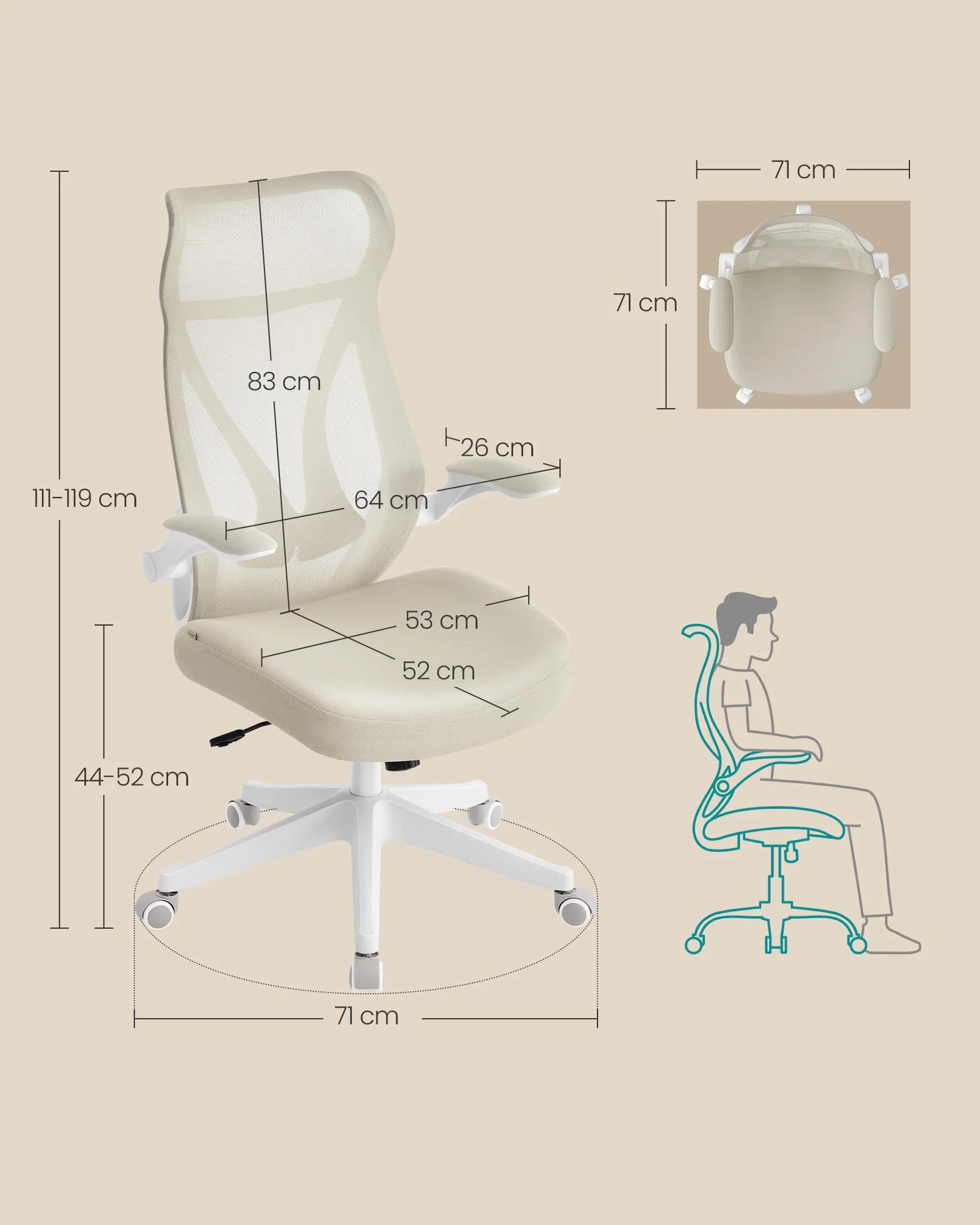 SONGMICS Krzesło biurowe, obrotowe krzesło siatkowe, ergonomiczne oparcie, regulacja wysokości, rozkładane podłokietniki, zagłówek, obciążenie do 150 kg, beżowy cappuccino OBN088K01