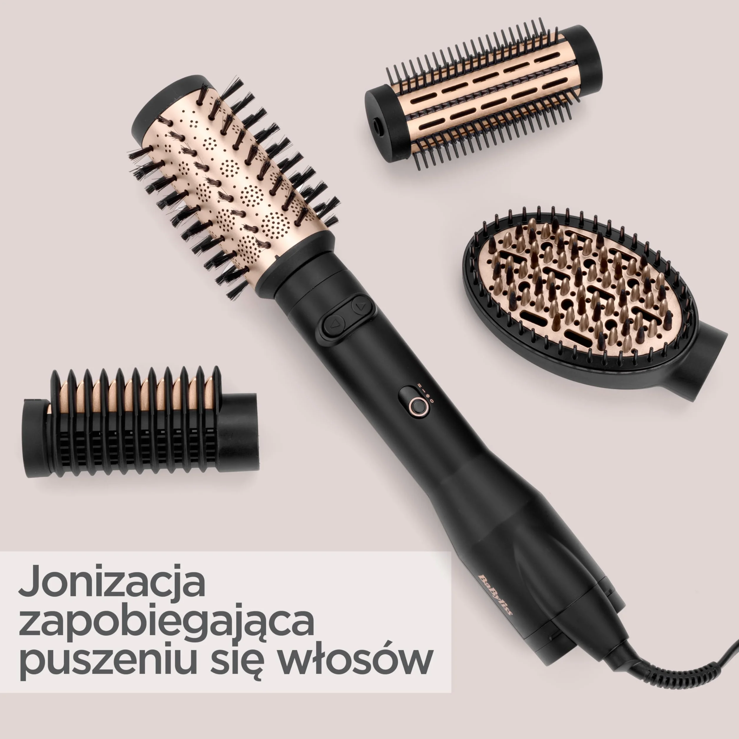 BaByliss Big Hair Luxe Obrotowa szczotka z ciepłym powietrzem, multistyler z 4 końcówkami do wygładzania, szczotkowania, objętości i kształtu, luksusowa szczotka do suszarki do włosów zapewniająca