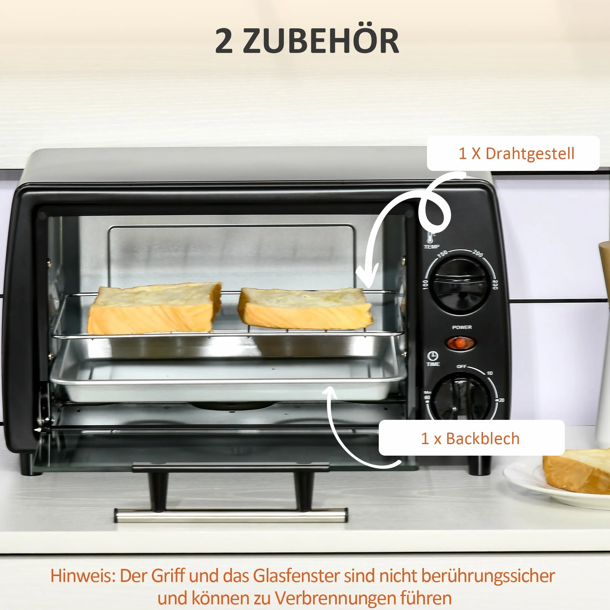 HOMCOM Mini piekarnik 10 l, 750 W, mały piekarnik elektryczny z temperaturą do 230°C, timer 60 minut, blacha do pieczenia i ruszt 36,5 x 26 x 22 cm, czarny