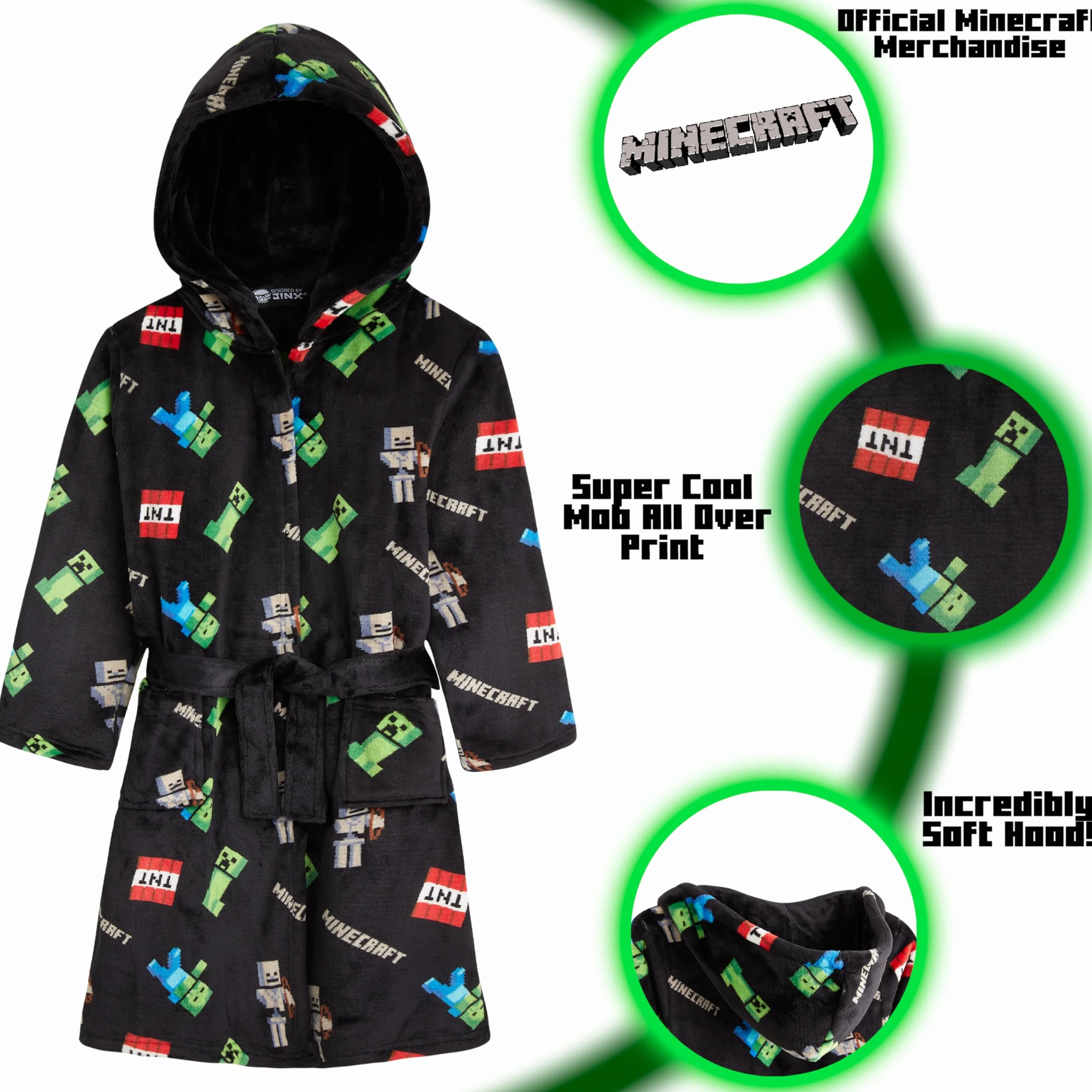 Minecraft Płaszcz poranny, polarowy szlafrok, miękki, przytulny, frotte Creeper i kaptur, młodzieżowy płaszcz flanelowy, dla chłopców i dziewczynek, bielizna nocna Robe