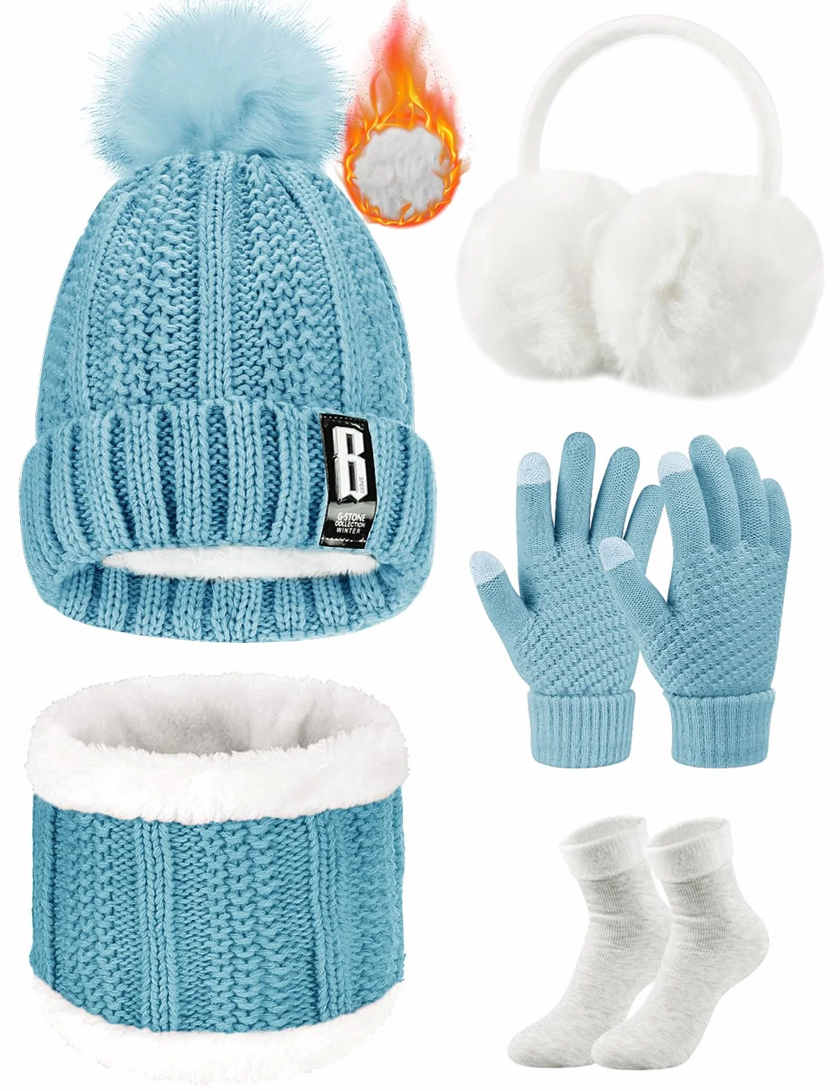 Tuopuda Zestaw czapki z dzianiny i szalika, zestaw 5 szt., zimowe pluszowe ocieplacze uszu, ciepły dzianinowy szalik, czapka beanie i rękawiczki do ekranu dotykowego, zestaw damskich skarpet