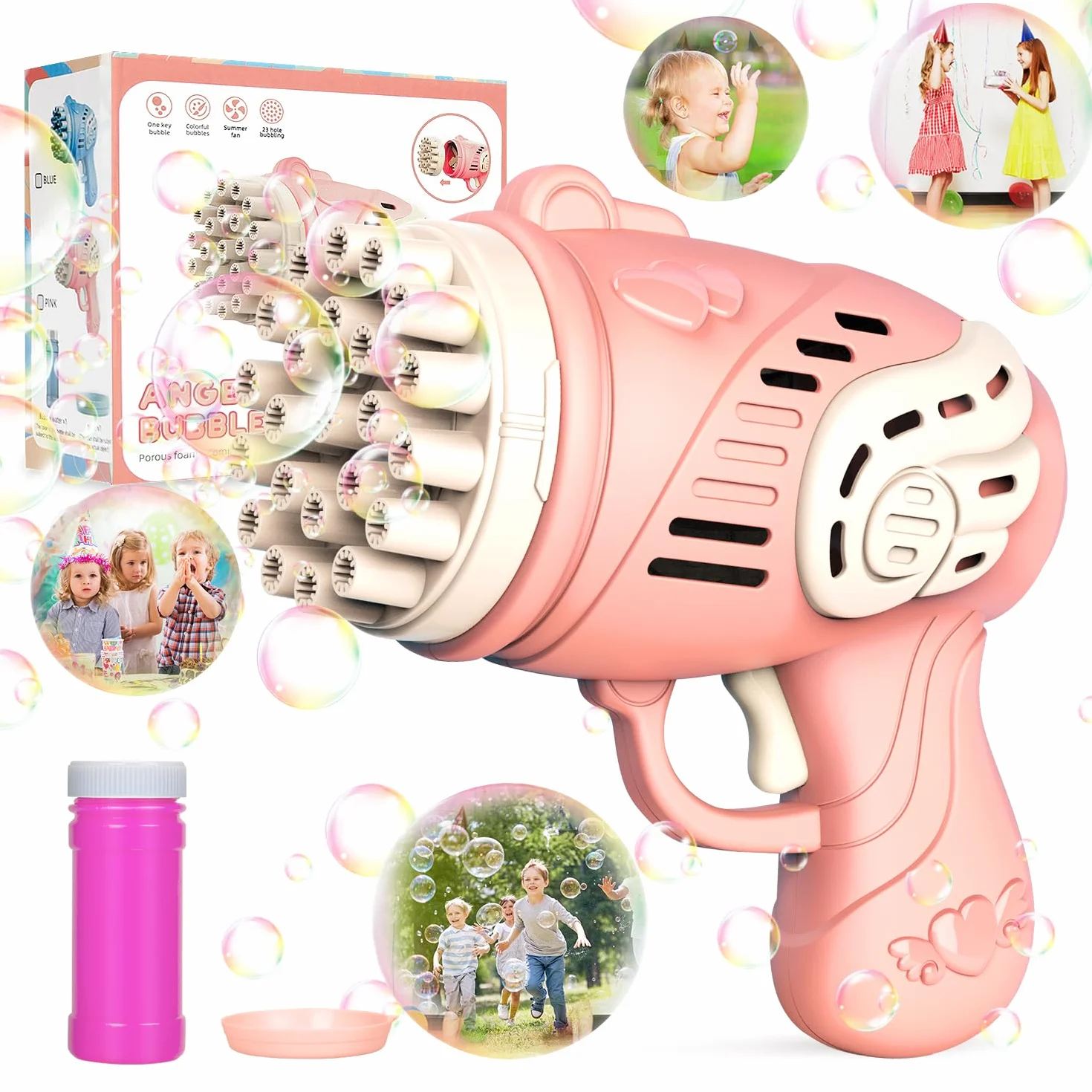 Pistolet do baniek mydlanych dla dzieci, 23 otwory, automatyczna maszyna do baniek mydlanych, pistolet do baniek mydlanych 2 w 1, prezent dla dzieci, na urodziny, wesele, imprezę