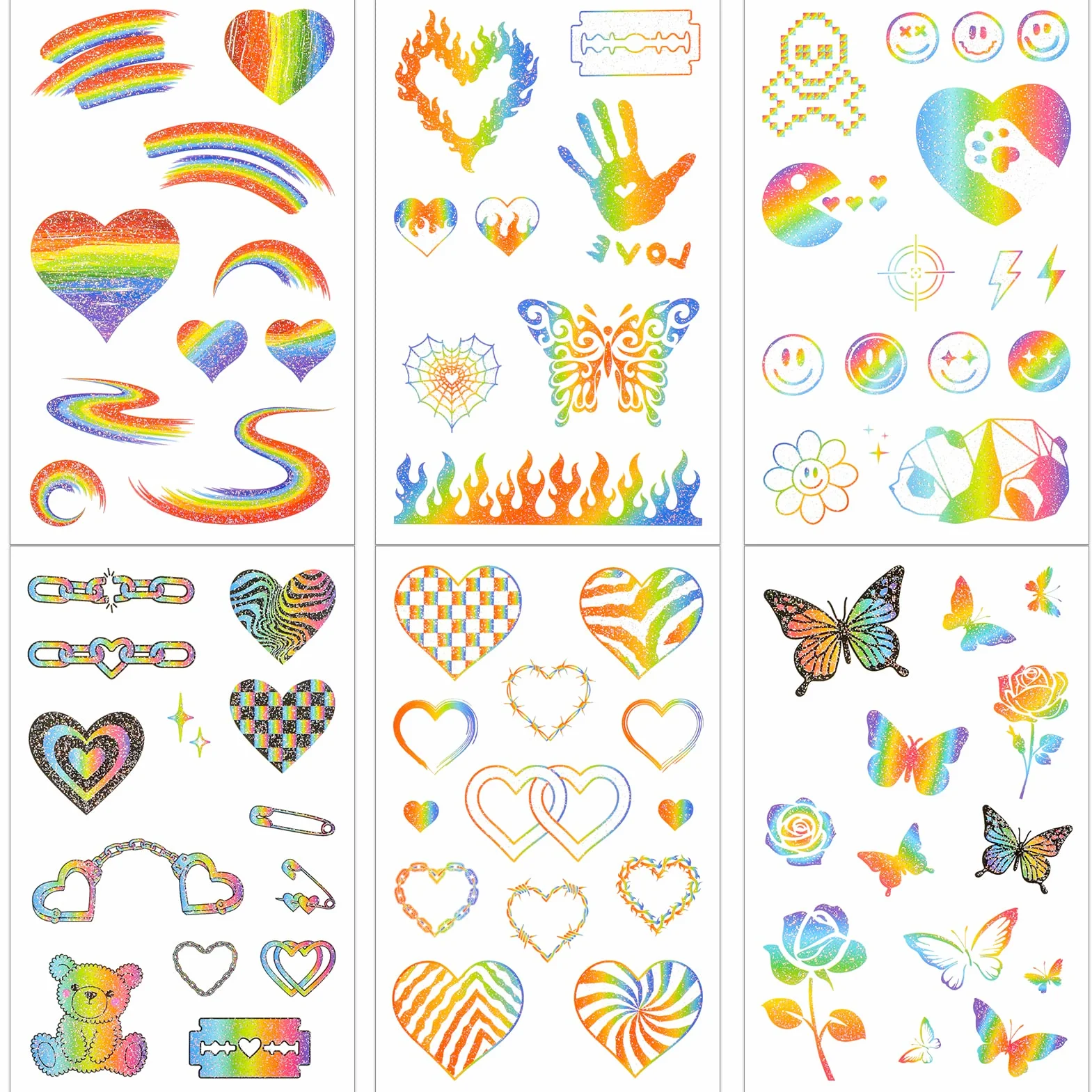 Qpout 12 szt. tęczowych tatuaży brokatowych motyli serce tęczowa flaga Body Art naklejka 130+ brokatowych stylów, tatuaże dla dziewcząt i chłopców, na przyjęcie urodzinowe