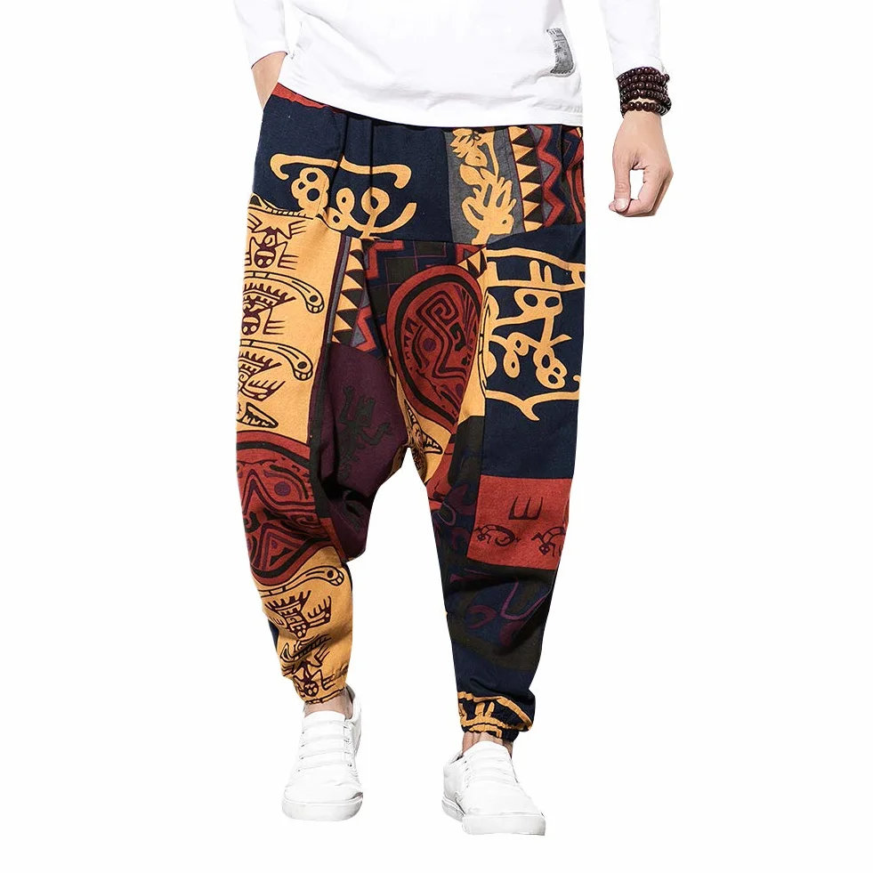 Męskie luźne spodnie hip-hopowe bawełniane lniane Harem Aladdin Yoga Casual Bohemia Bloomers spodnie z nadrukiem z kieszeniami