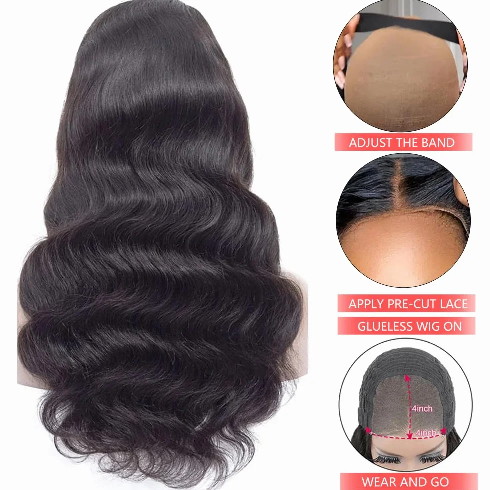 Wear and Go Glueless Wigs Human Hair 4x4 HD Lace Front Pre Cut Body Wave Natural Hairline 180 Density 14 inch