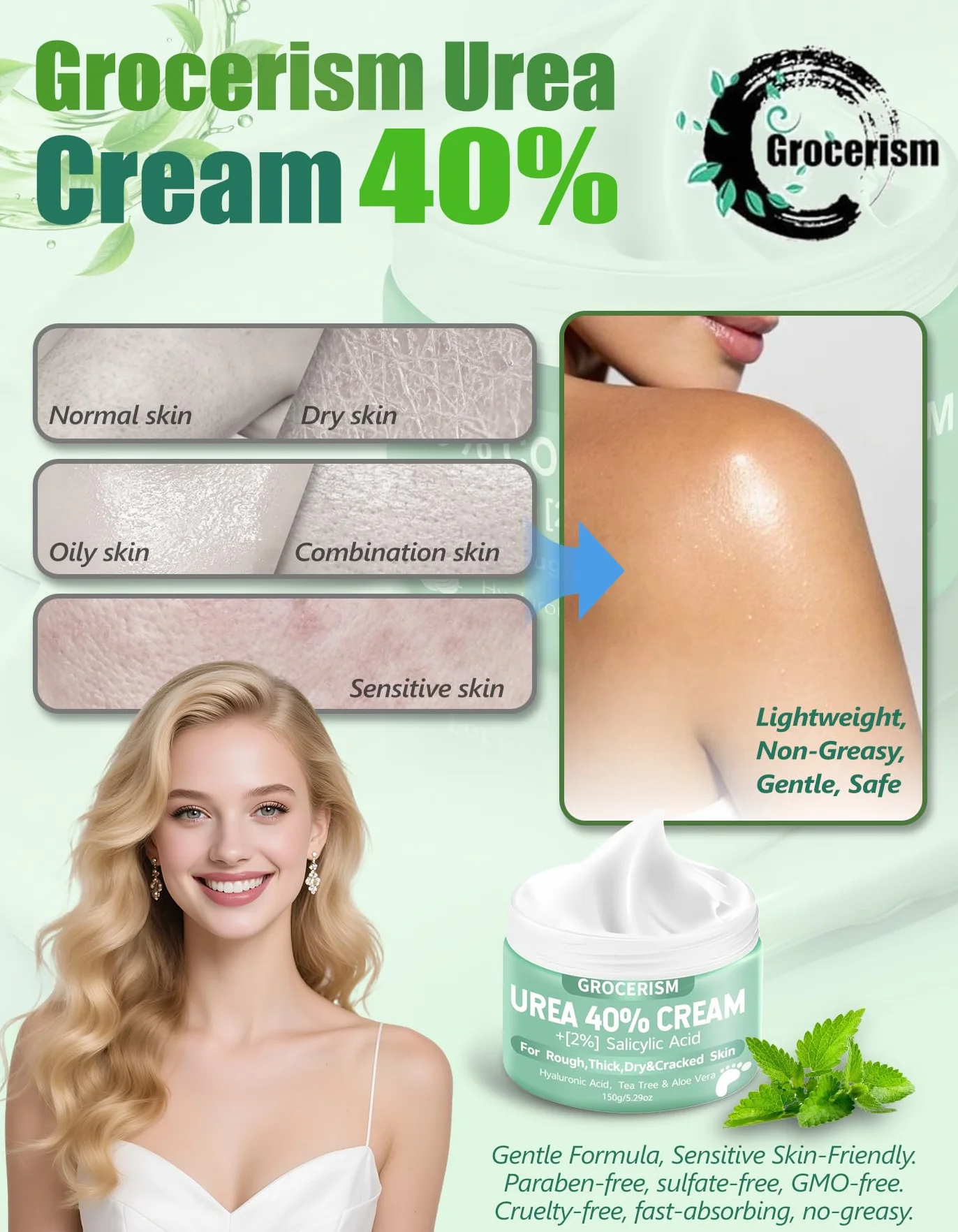 Krem z mocznikiem 40% z ponad 2% kwasem salicylowym | Do stóp i rąk | Kwas hialuronowy, drzewo herbaciane, aloes | Nawilża, usuwa zrogowacenia i zmiękcza | 150 g.