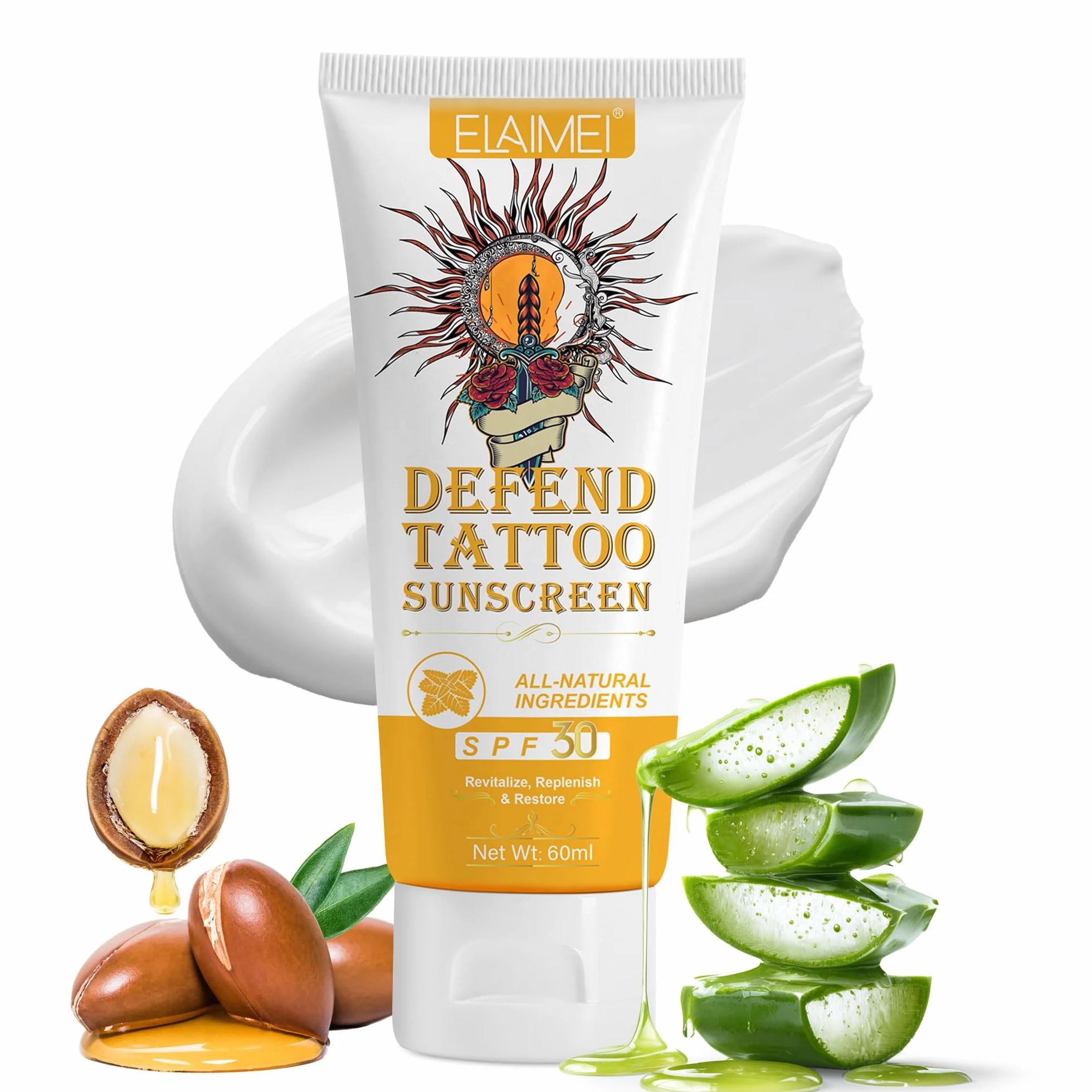 VRAIKO ELAMEI Tattoo Sunscreen SPF 30+, 70% Natural Ingredients Tattoo Fade Protection Moisturizer with Aloe, argan, Rose Hips Oil, Masło Cocoa, Non-Greasy Formula, 2oz