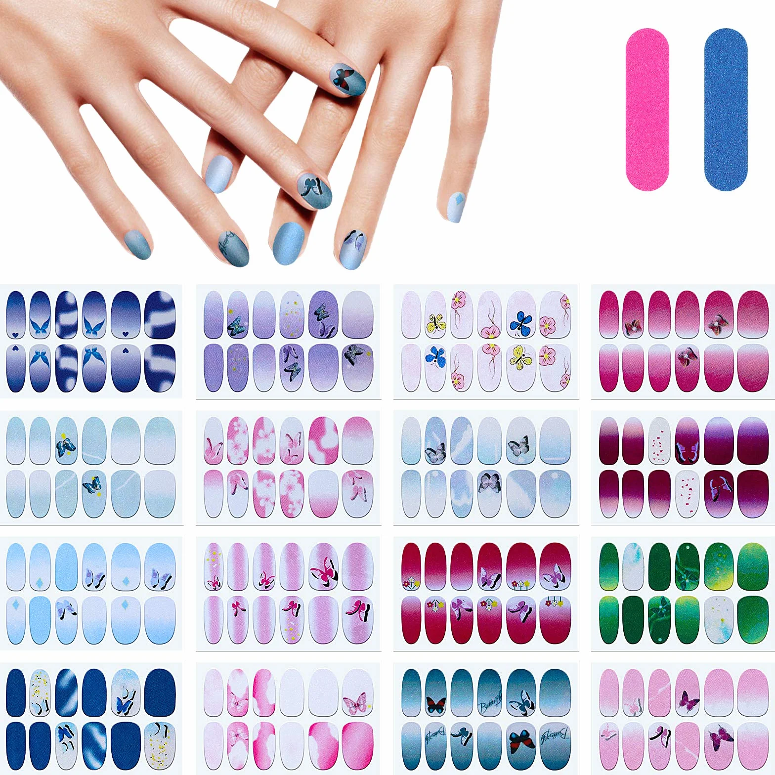 MWOOT 16 arkuszy naklejek na paznokcie z motywem motyla, z pilnikiem do paznokci, naklejki na paznokcie, naklejki na paznokcie, samoprzylepne naklejki do manicure, do samodzielnego zdobienia paznokci